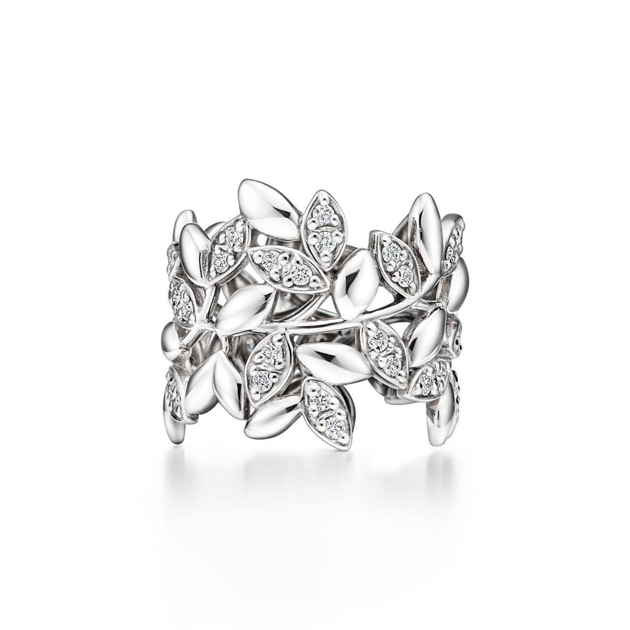 Olive Leaf Band Ring in White Gold with Diamonds