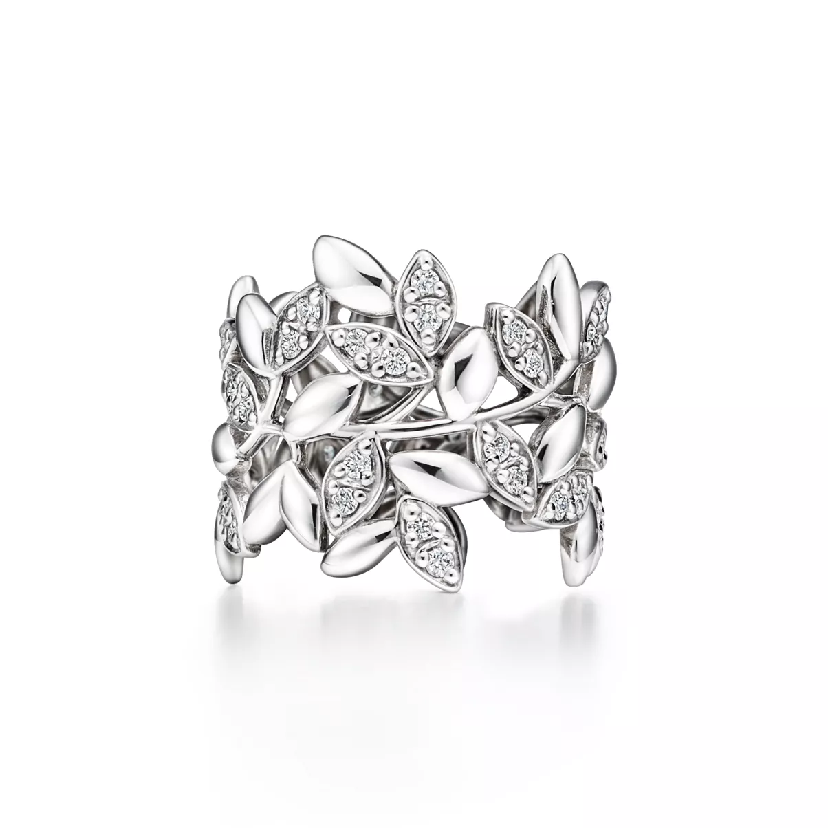Olive Leaf Band Ring in White Gold with Diamonds
