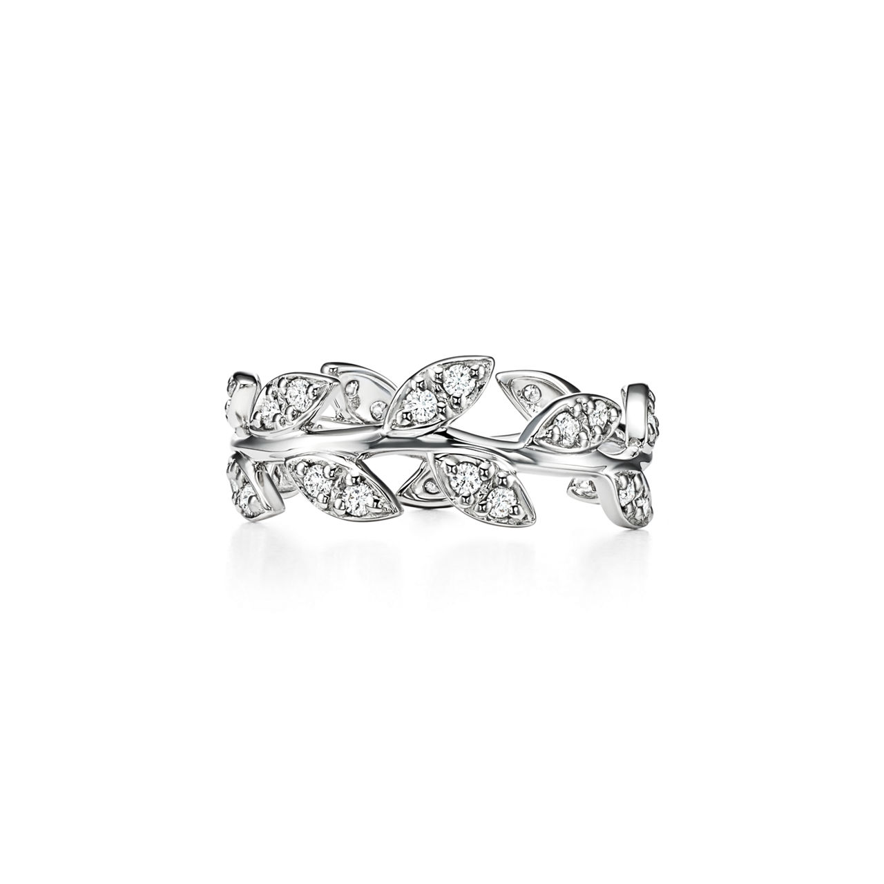 Olive Leaf Ring in White Gold with Diamonds, Narrow