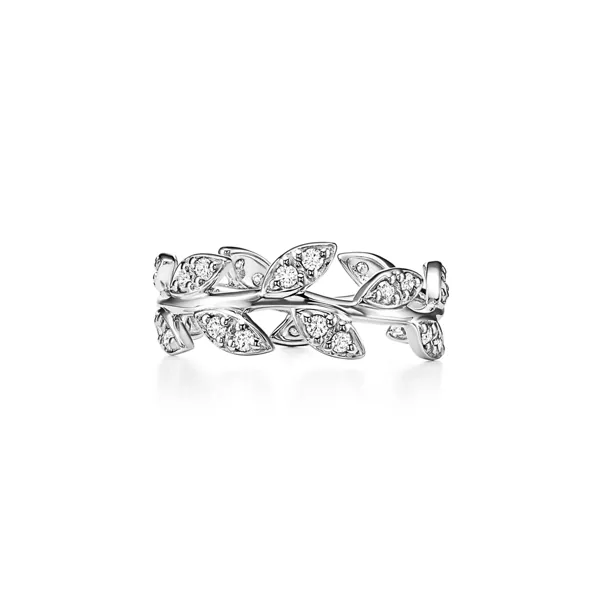Olive Leaf Ring in White Gold with Diamonds, Narrow