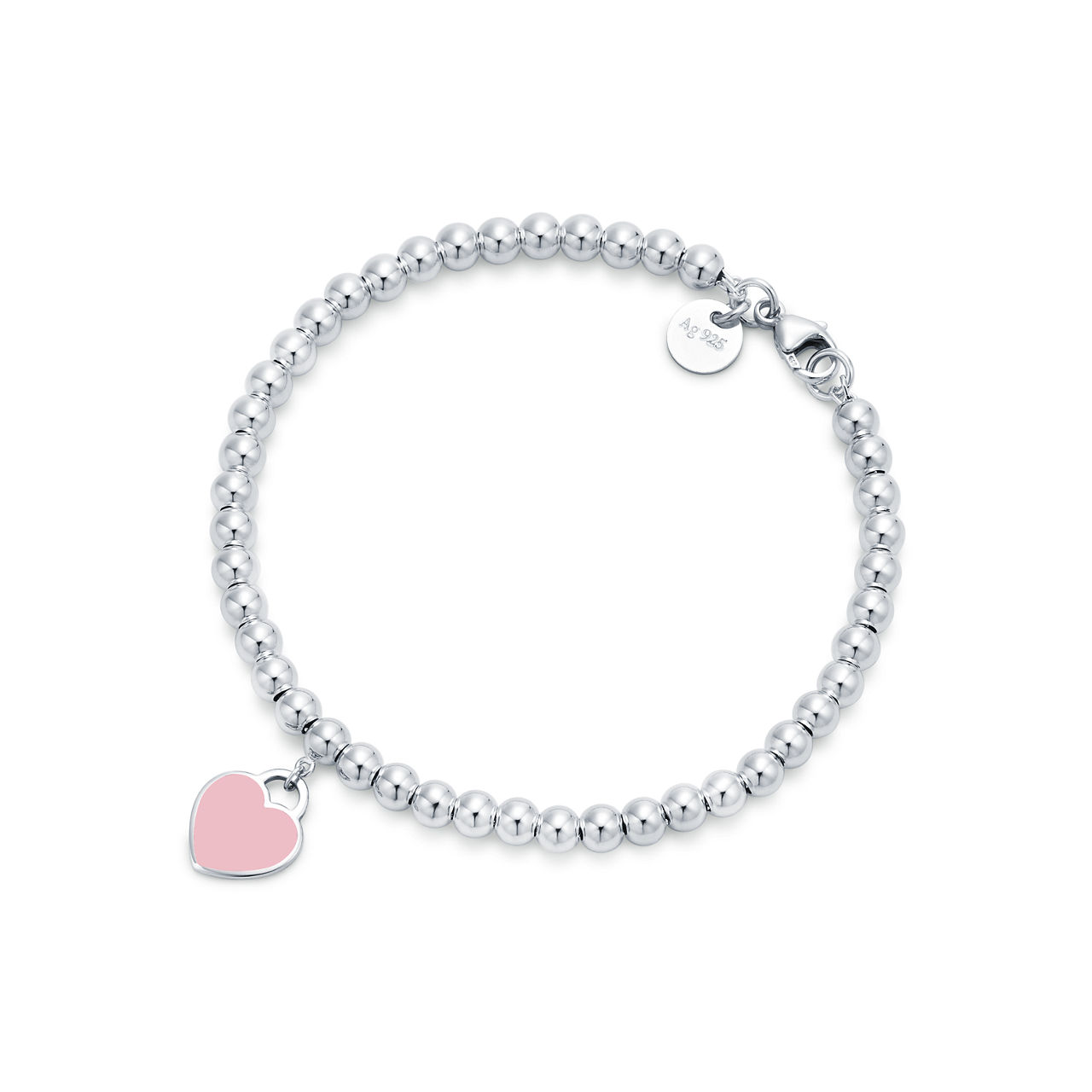 Rosafarbenes Kugelarmband mit Herzanhänger in Silber, 4 mm
