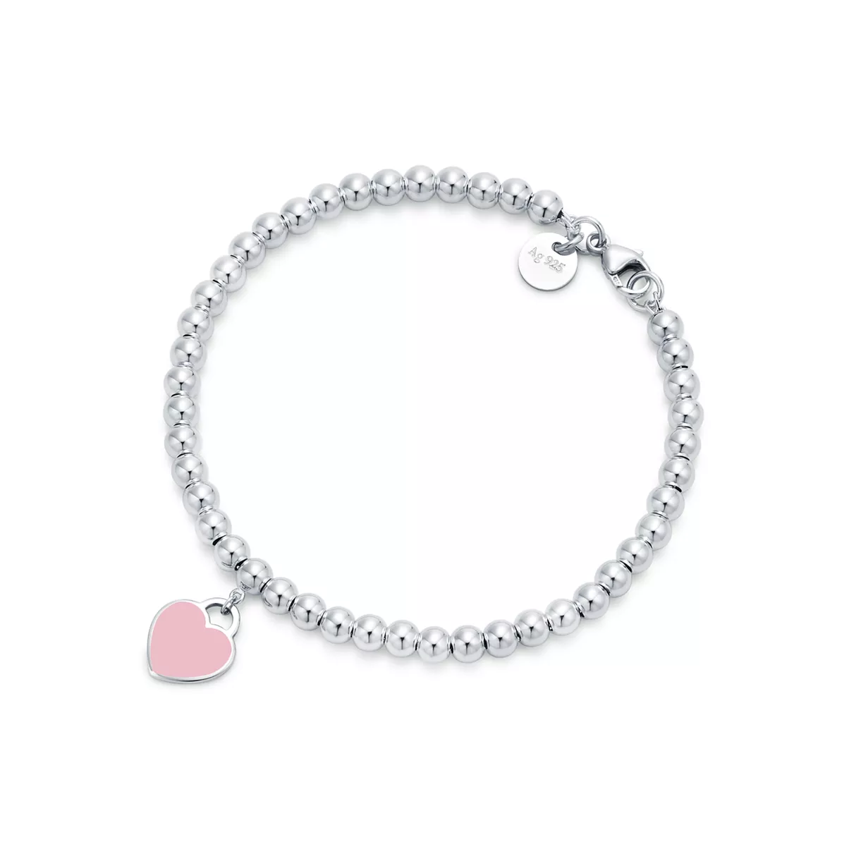 Pink Heart Tag Bead Bracelet in Silver, 4 mm