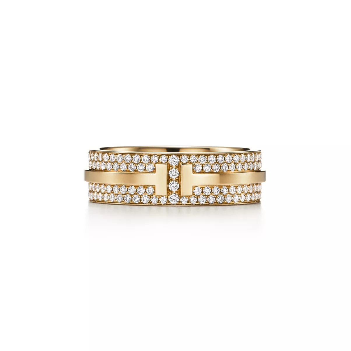 Anillo ancho de pav&eacute; de diamantes de oro amarillo