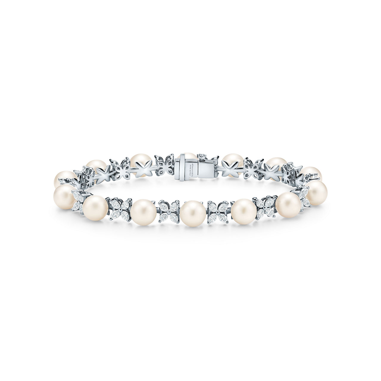 Tennis Bracelet in Platinum with Diamonds and Pearls