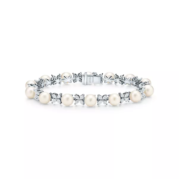 Bracelet Tennis en platine 950 millièmes, diamants et perles
