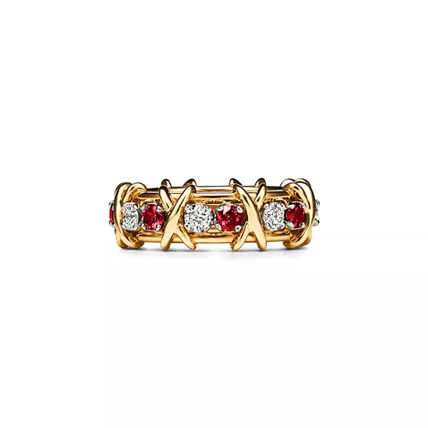 Ring in Gelbgold und Platin mit Diamanten und Rubinen
