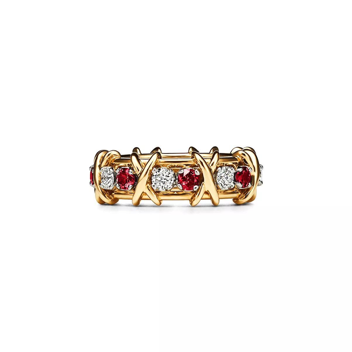 Ring in Gelbgold und Platin mit Diamanten und Rubinen