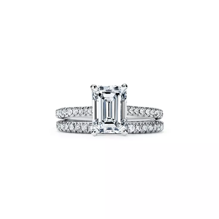 Tiffany Novo®:Emerald-cut Engagement Ring with a Pavé Diamond Platinum Band, 6