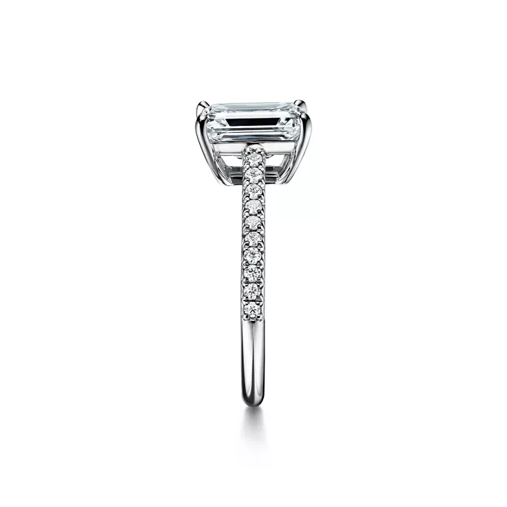 Tiffany Forever:Emerald-cut Engagement Ring with a Pav&eacute; Diamond Band in Platinum, 4