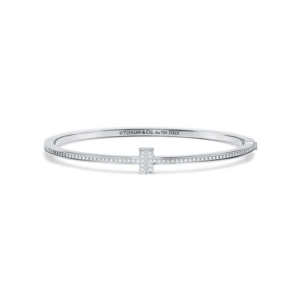 Tiffany T:Diamond Hinged Wire Bangle in White Gold