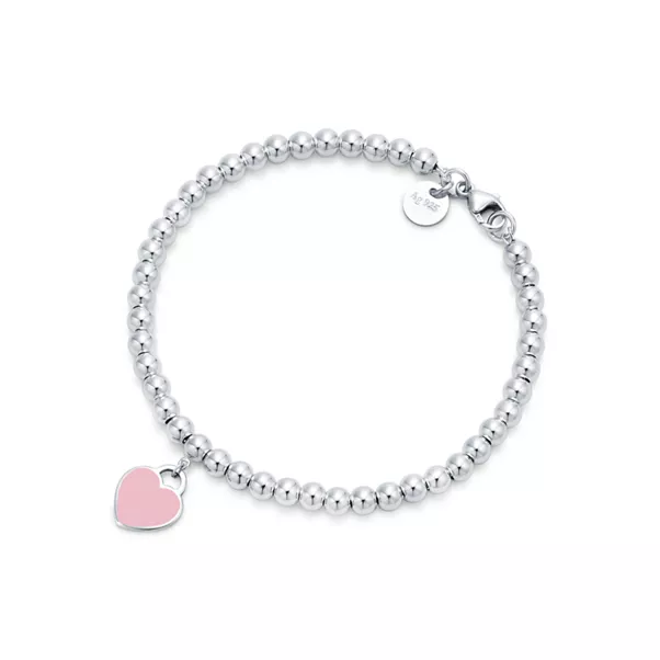 Pink Heart Tag Bead Bracelet in Silver, 4 mm