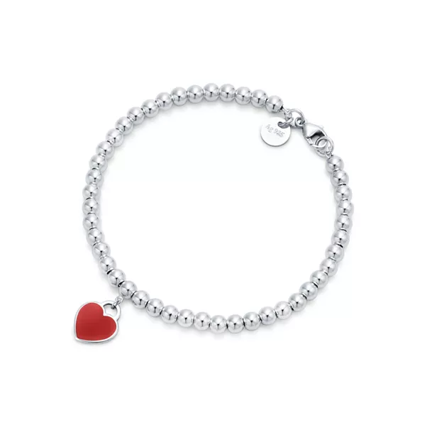 Red Heart Tag Bead Bracelet in Silver