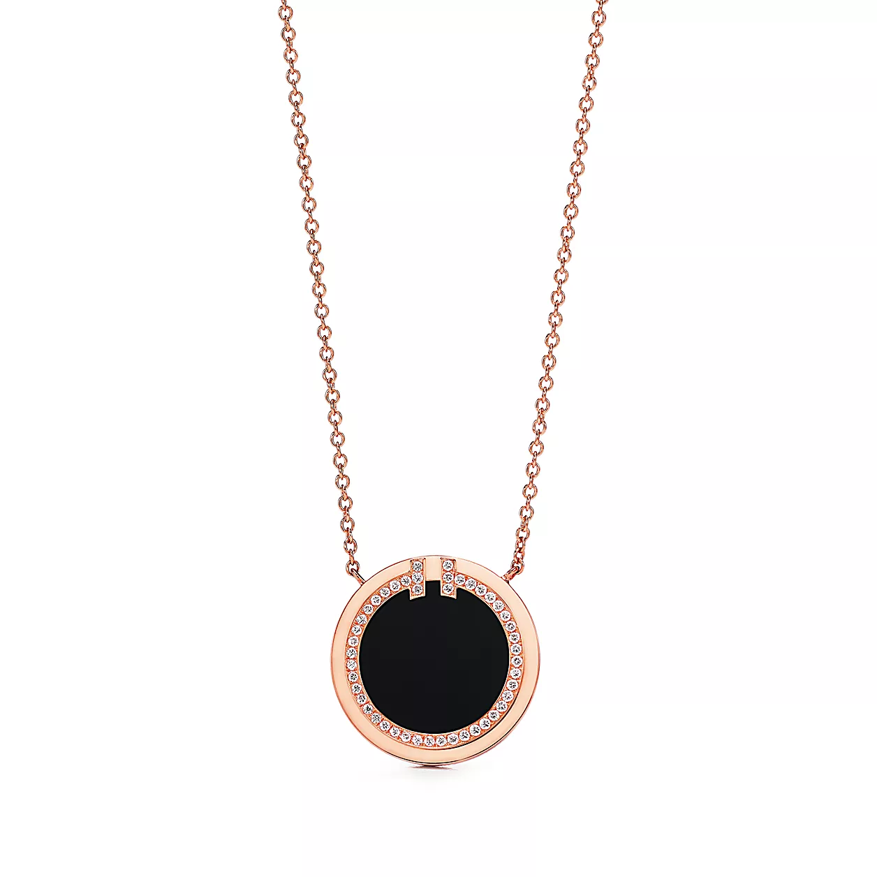 Tiffany T:다이아몬드 및 블랙 오닉스 서클 펜던트, 18K 로즈 골드, 40.6~45.7cm 이미지 번호 0