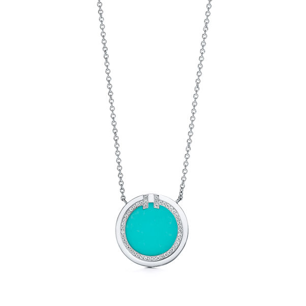 Tiffany T:Diamond and Turquoise Circle Pendant in White Gold