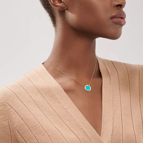 Circle Anhänger mit Diamant und Türkis in Weißgold