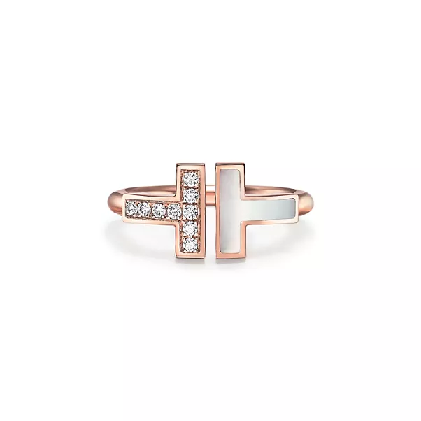 Wire Ring in Rose Gold with Diamonds and Mother-of-pearl
