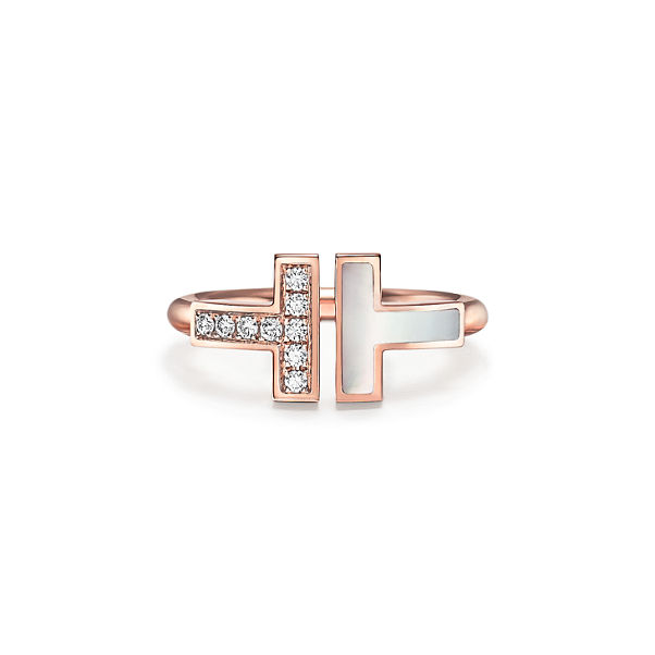 Tiffany T:Wire Ring in Rose Gold with Diamonds and Mother-of-pearl