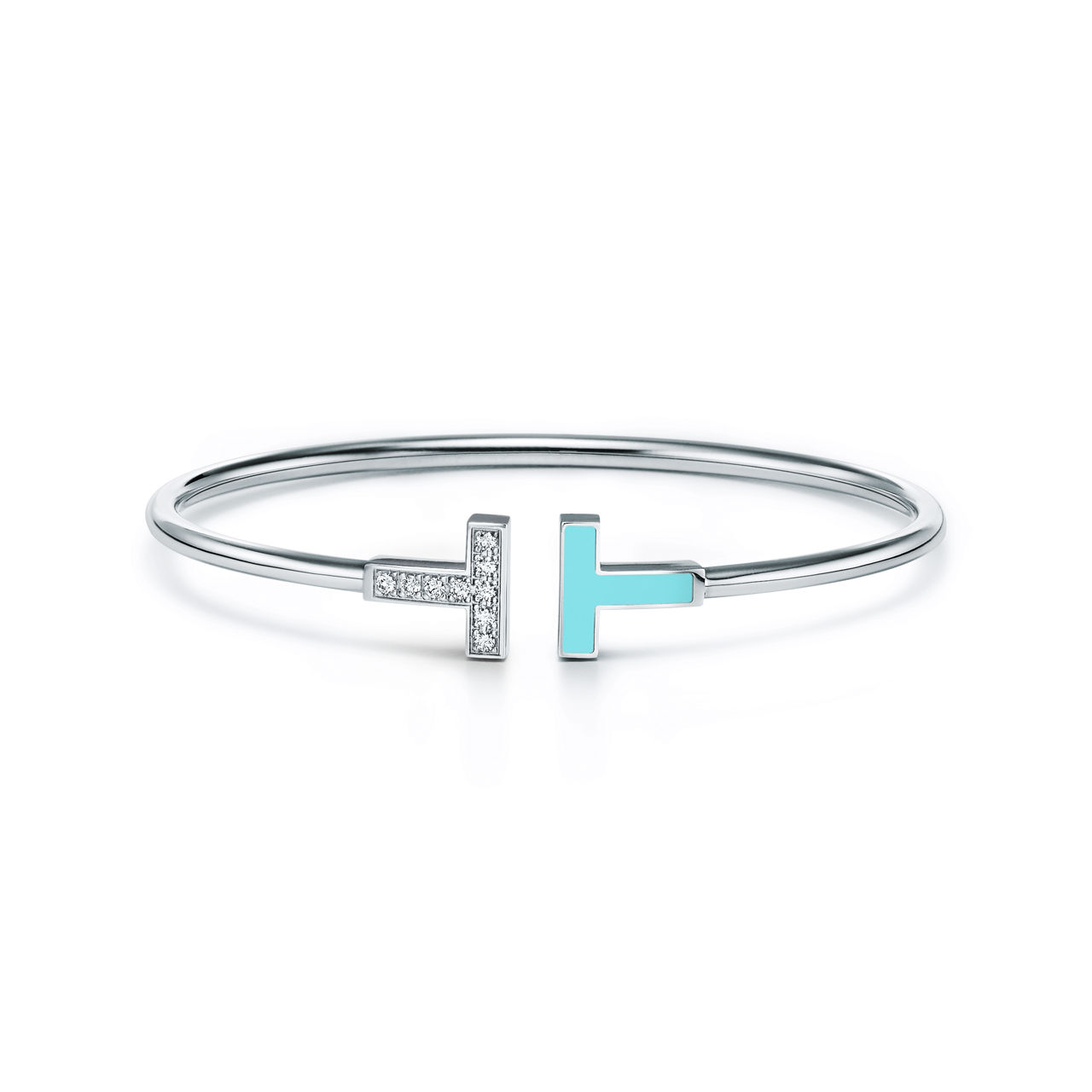 Diamond and Turquoise Wire Bracelet in White Gold