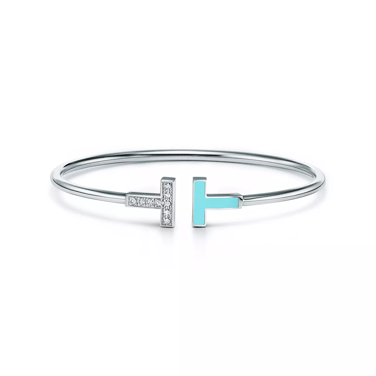 Diamond and Turquoise Wire Bracelet in White Gold