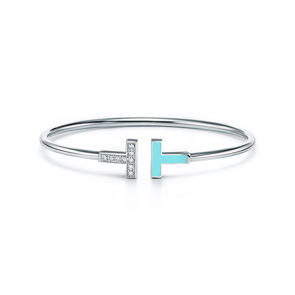 Tiffany T:Diamond and Turquoise Wire Bracelet in White Gold