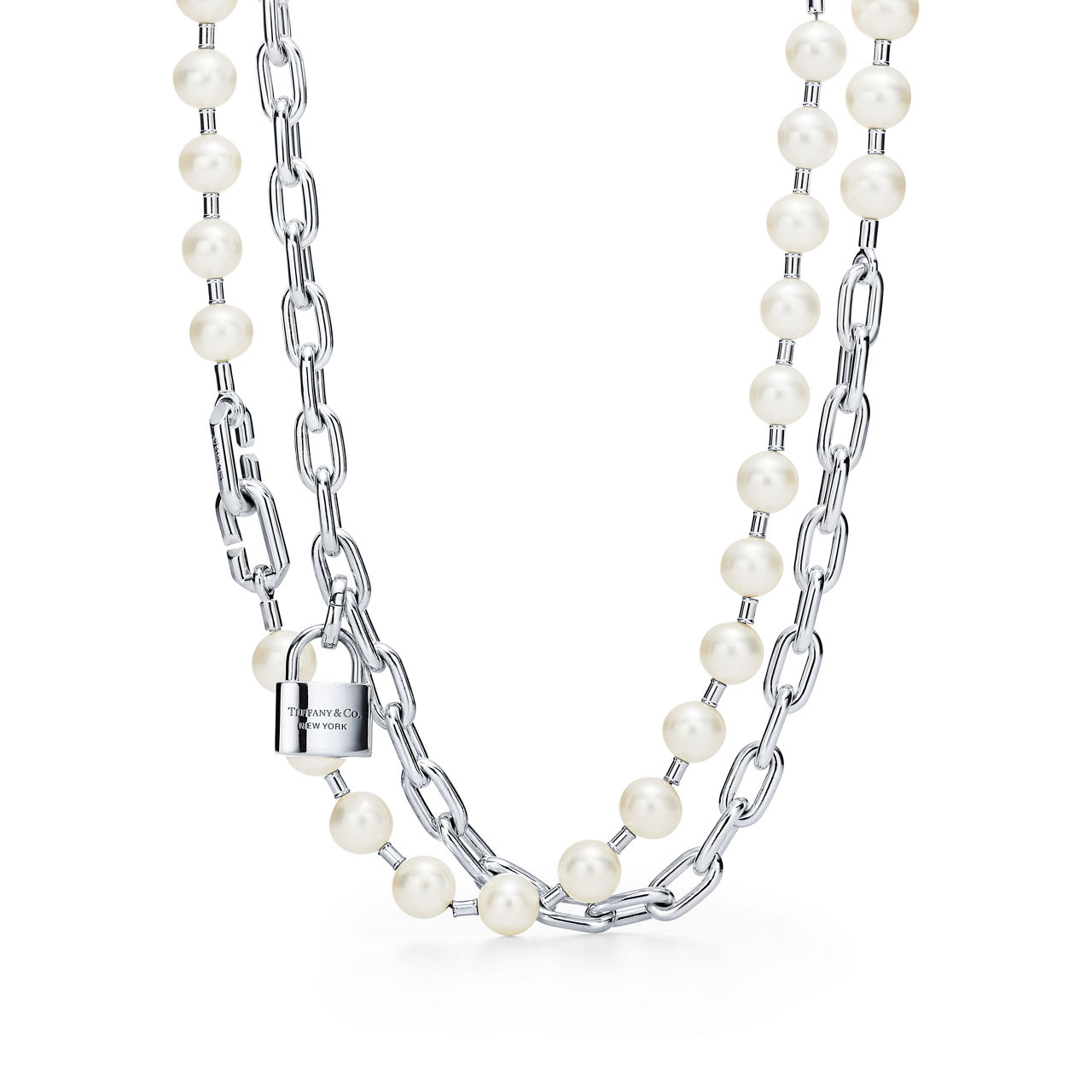 Collana con perle e lucchetto in argento, 9-10 mm