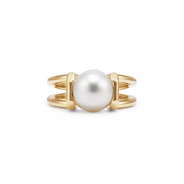 Anillo de perla blanca del Mar del Sur de oro de 18 quilates de oro amarillo
