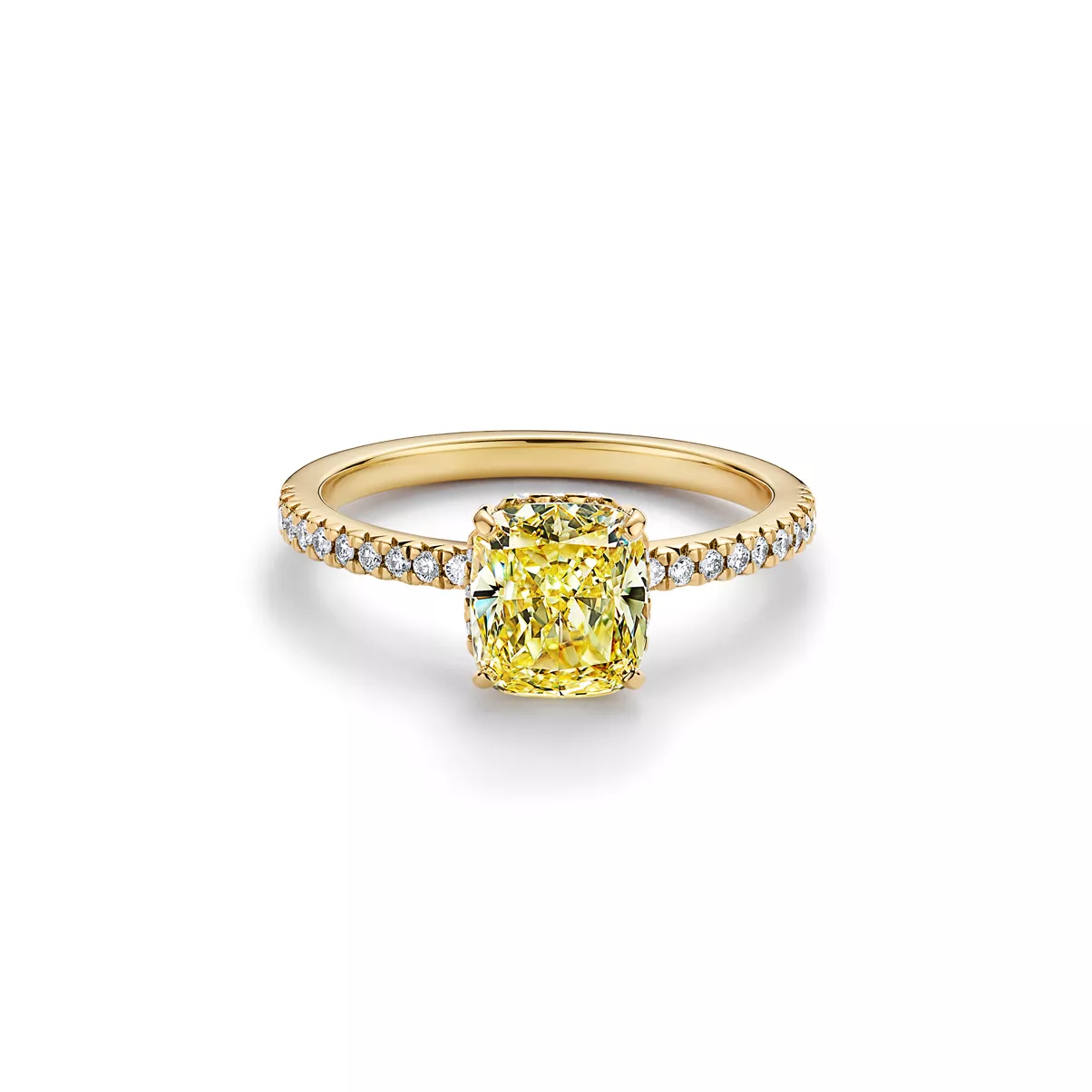 Engagement Ring with a Cushion-cut Yellow Diamond and an 18k Yellow Gold Diamond Band