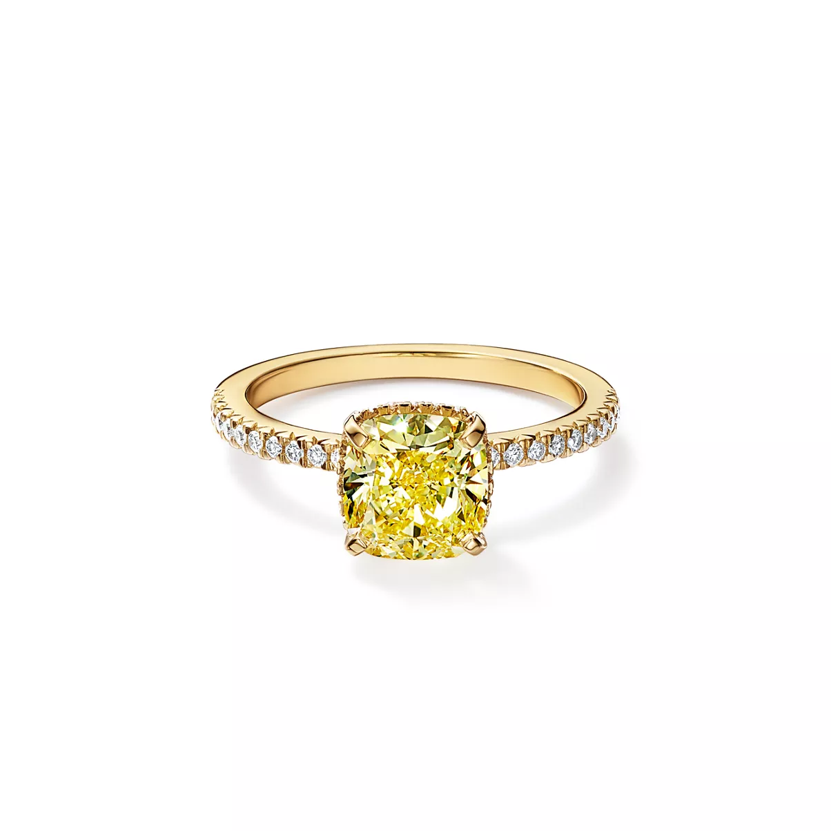 Engagement Ring with a Cushion-cut Yellow Diamond and an 18k Yellow Gold Diamond Band
