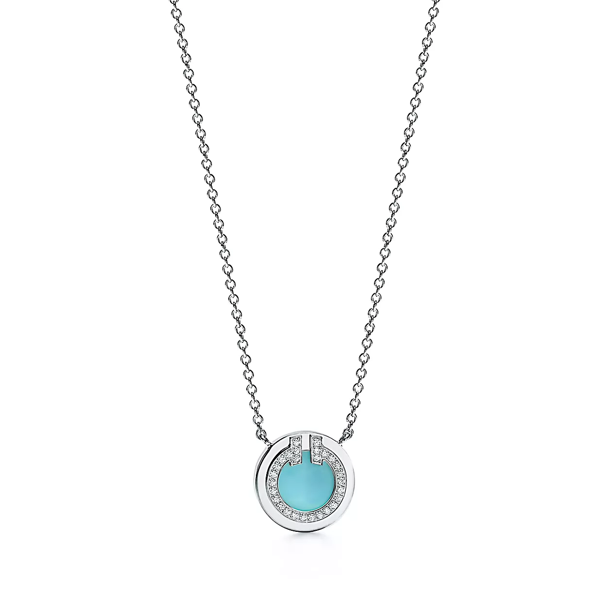 Tiffany T:다이아몬드 및 터쿼이즈 서클 펜던트, 18K 화이트 골드, 40.6~45.7cm 이미지 번호 0