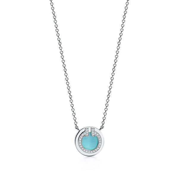 Tiffany T:Diamond and Turquoise Circle Pendant in White Gold