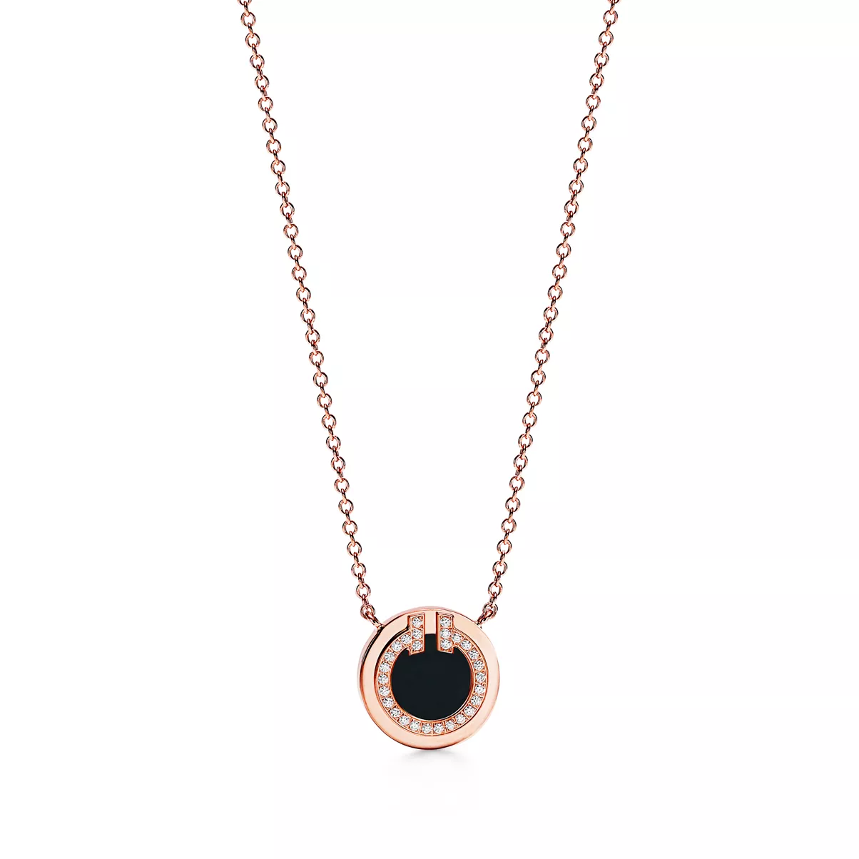 Diamond and Black Onyx Circle Pendant in Rose Gold