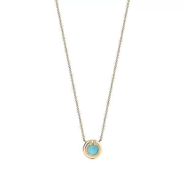 Diamond and Turquoise Circle Pendant in Yellow Gold