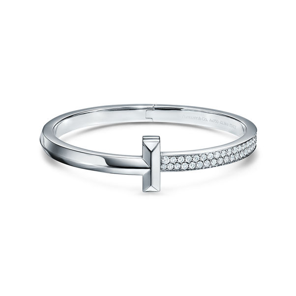 Tiffany T:T1 Wide Diamond Hinged Bangle in White Gold