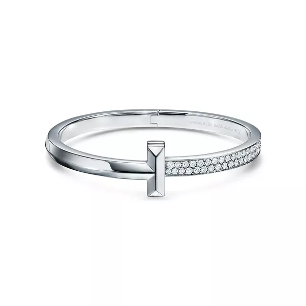 T1 Wide Diamond Hinged Bangle in White Gold