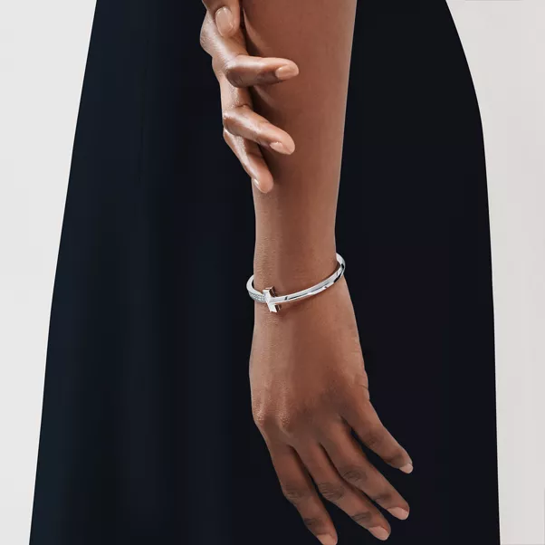 T1 Wide Diamond Hinged Bangle in White Gold