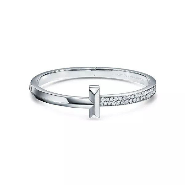 T1 Wide Diamond Hinged Bangle in White Gold