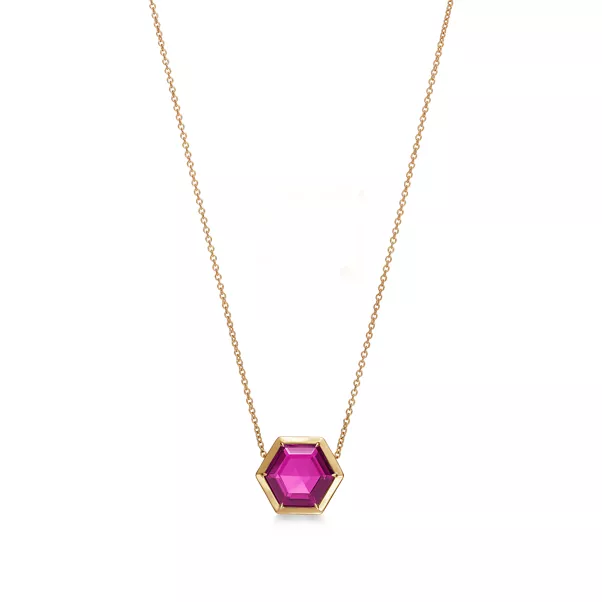 Hexagon Pendant in 18k Gold with a Rubellite