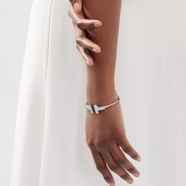 Wide Diamond Wire Bracelet in White Gold