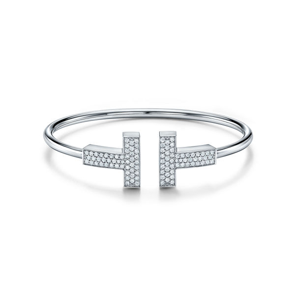 Tiffany T:Wide Diamond Wire Bracelet in White Gold