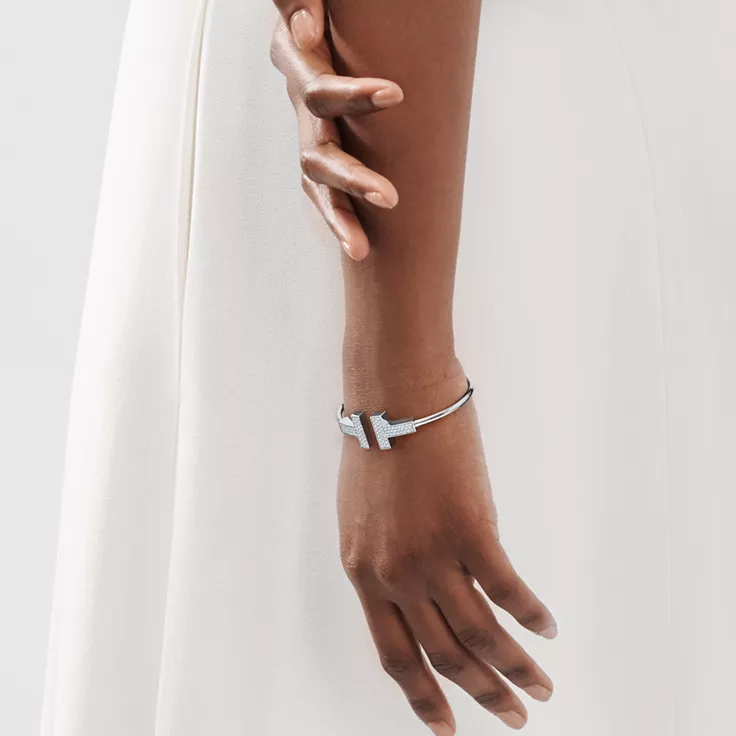 Tiffany T:Wide Diamond Wire Bracelet in White Gold, 1