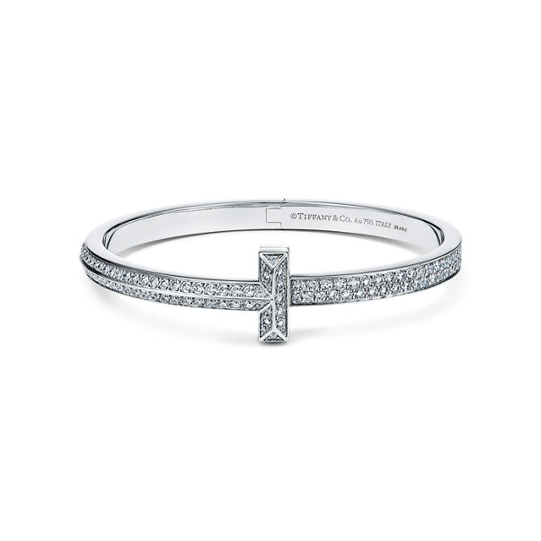 Tiffany T:T1 Wide Diamond Hinged Bangle in White Gold