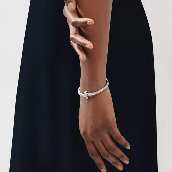 T1 Wide Diamond Hinged Bangle in White Gold