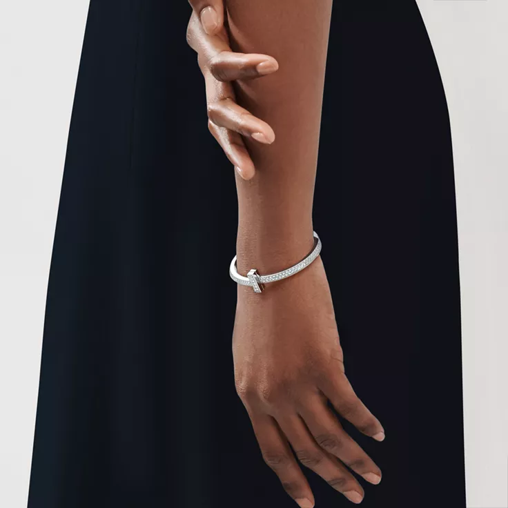 Tiffany T:T1 Wide Diamond Hinged Bangle in White Gold, 1