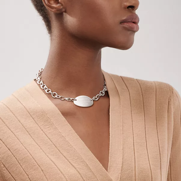 Oval Tag Necklace in Sterling Silver, 15.5"