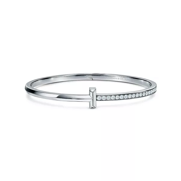 T1 Narrow Diamond Hinged Bangle in White Gold