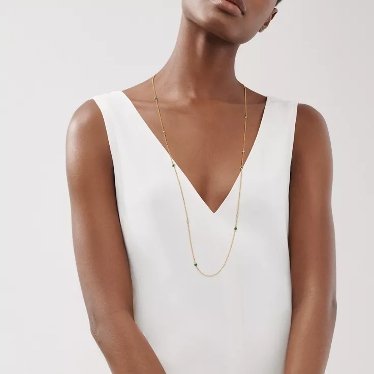 Elsa Peretti®:Color by the Yard Sprinkle Necklace in Gold with Emeralds and Diamonds, 1