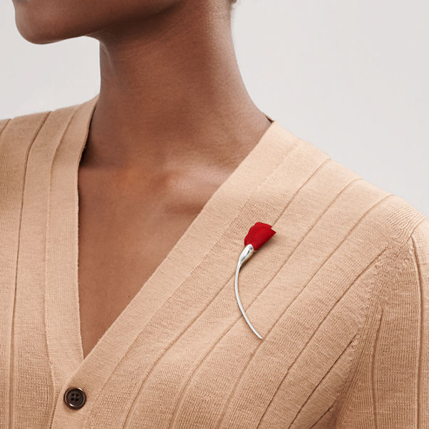 Elsa Peretti®:Amapola Brooch in Sterling Silver with Red Silk