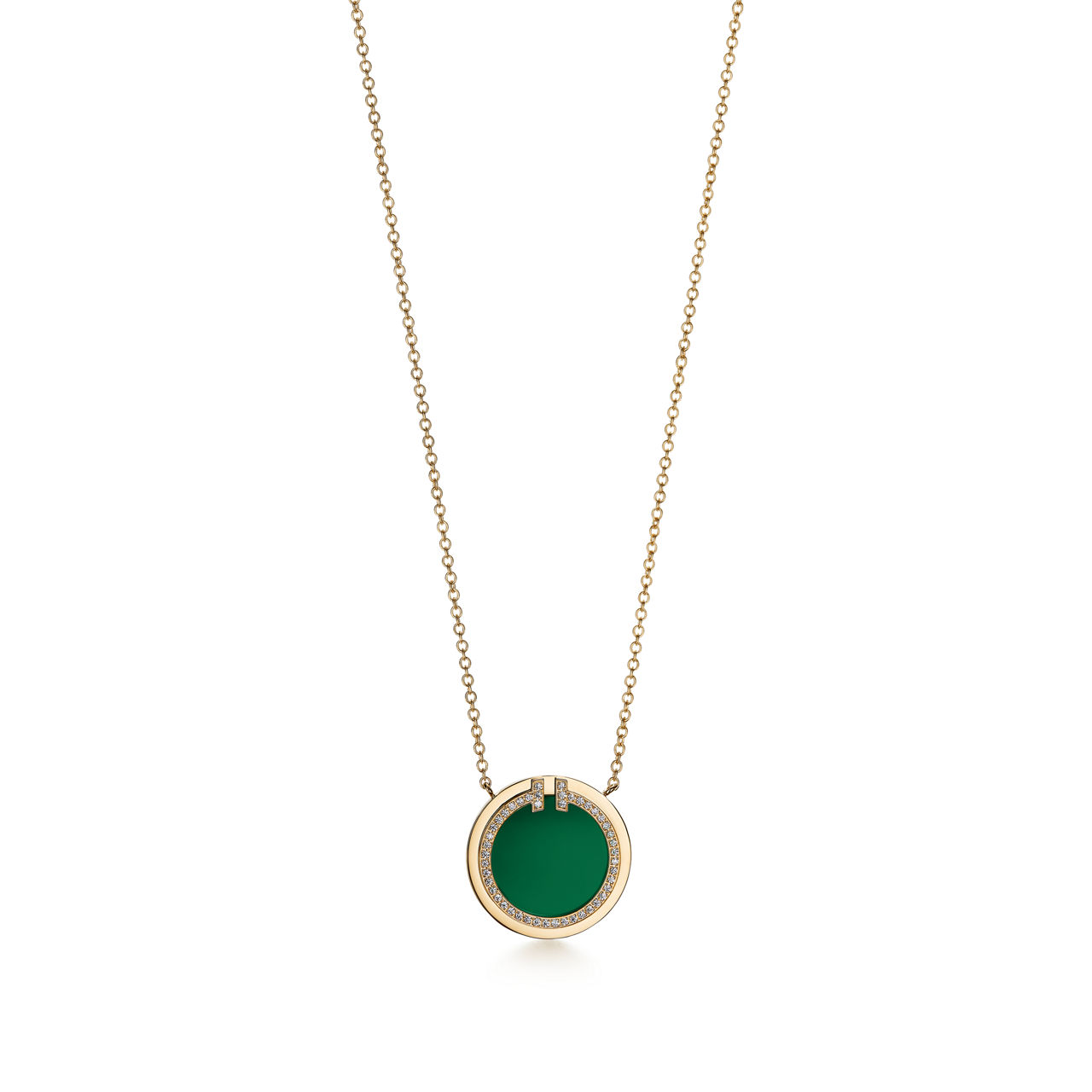 Tiffany T:Circle Pendant in Yellow Gold with Green Agate and Diamonds image number 0