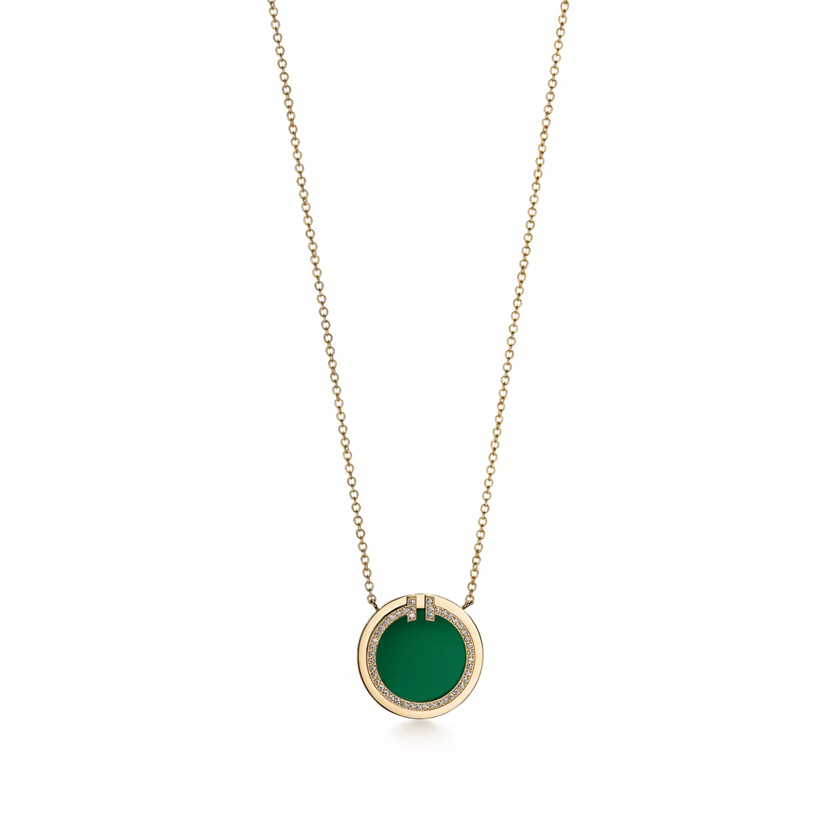Circle Pendant in Yellow Gold with Green Agate and Diamonds