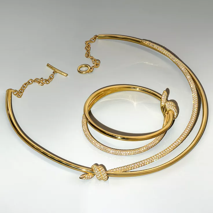 Tiffany Knot:Double Row Necklace in Yellow Gold with Diamonds, 5